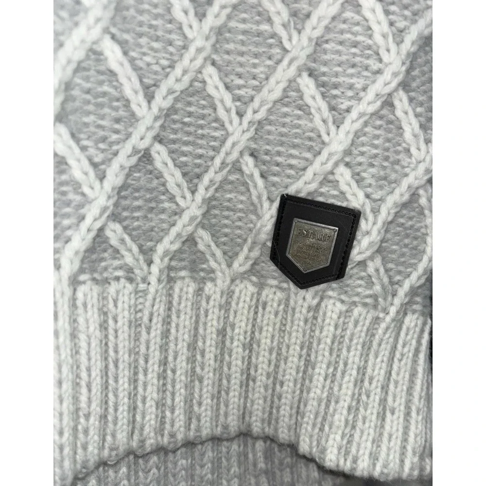 Estare Mens XI Gray White Diamond Cable Knit Wool Blend Toggle‎ Sweater MockNeck - Picture 6 of 8
